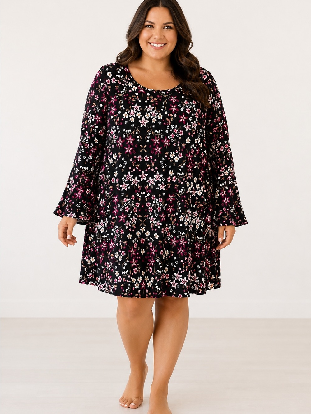Mid Size Black Floral Swing Dress with Pink Accents